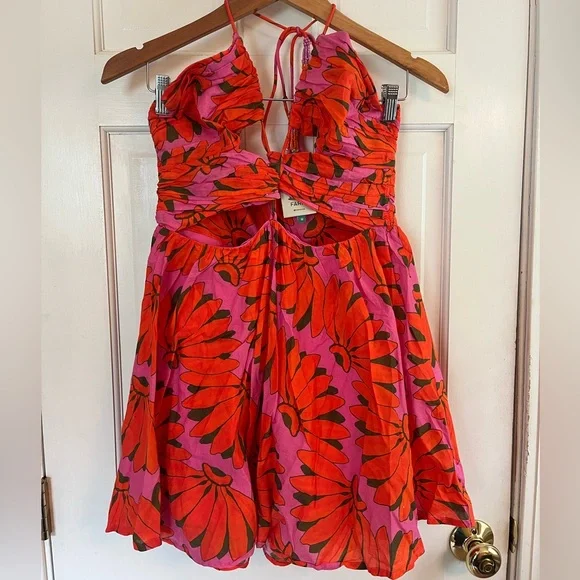 FARM Rio | Dresses | Farm Rio Orange And Pink Pleated Halter Mini Dress |  Poshmark
